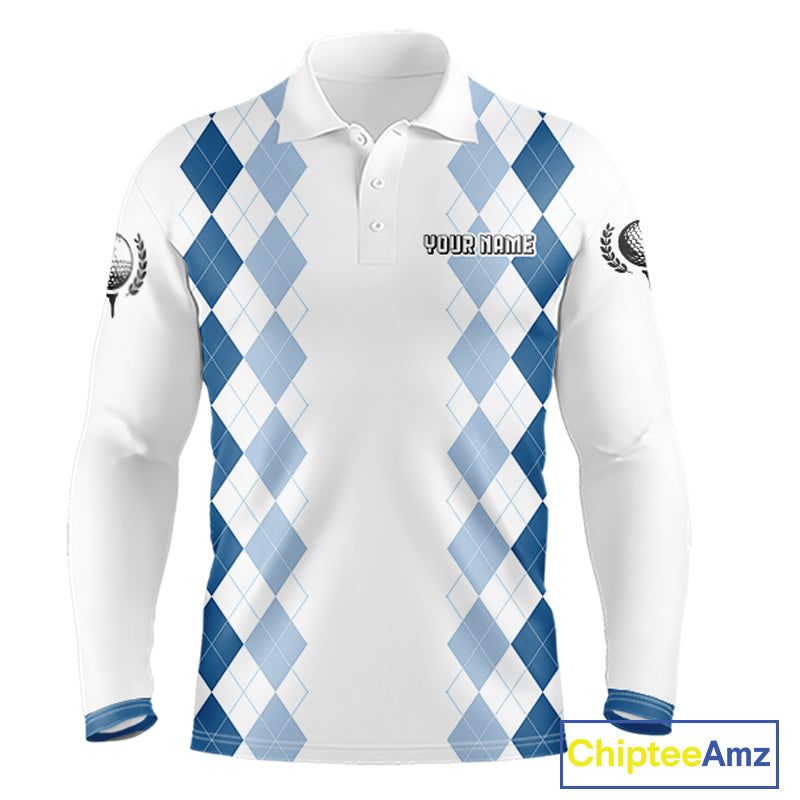 Mens Argyle Pattern Golf Polo Shirts, Blue Argyle Golf Attire Custom Golf Clubs Pattern Upf Shirts NYN2999