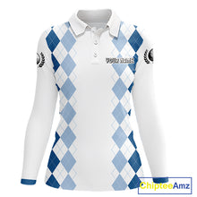 Load image into Gallery viewer, Womens Argyle Pattern Golf Polo Shirts, Blue Argyle Golf Attire Custom Golf Clubs Pattern Upf Shirts NYN2999