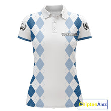 Load image into Gallery viewer, Womens Argyle Pattern Golf Polo Shirts, Blue Argyle Golf Attire Custom Golf Clubs Pattern Upf Shirts NYN2999