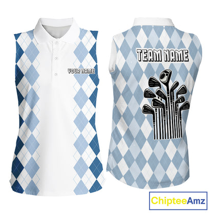 Womens Argyle Pattern Golf Sleeveless Polo Shirts, Blue Argyle Golf Attire Custom Golf Clubs Pattern Upf Shirts NYN2999