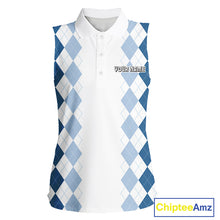 Load image into Gallery viewer, Womens Argyle Pattern Golf Sleeveless Polo Shirts, Blue Argyle Golf Attire Custom Golf Clubs Pattern Upf Shirts NYN2999