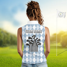 Load image into Gallery viewer, Womens Argyle Pattern Golf Sleeveless Polo Shirts, Blue Argyle Golf Attire Custom Golf Clubs Pattern Upf Shirts NYN2999