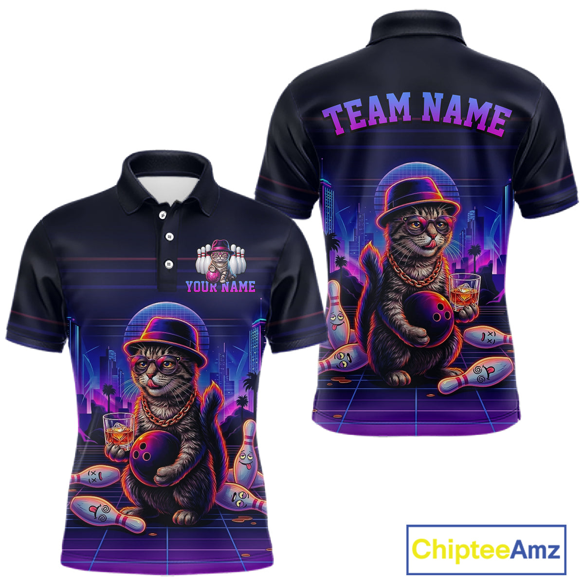 Whisky Cat Funny Bowling Shirt For Men Custom Neon Bowling Polo Quarter Zip Jersey