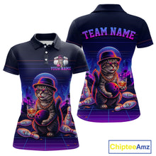 Load image into Gallery viewer, Whisky Cat Funny Bowling Shirt For Women Custom Neon Bowling Polo Quarter Zip Jersey