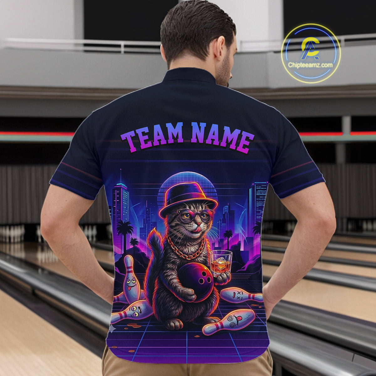 Whisky Cat Funny Bowling Shirts For Men Custom Neon Bowling Polo & Quarter-Zip Jerseys NYN3416