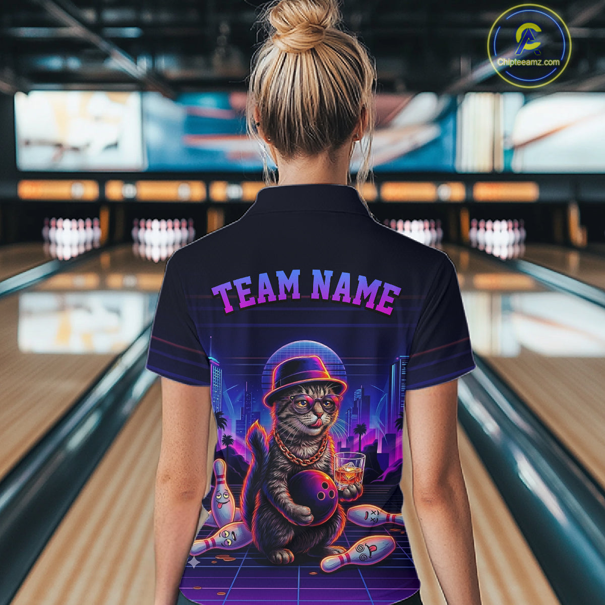 Whisky Cat Funny Bowling Shirts For Women Custom Neon Bowling Polo & Quarter-Zip Jerseys NYN3416