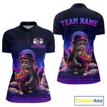 Load image into Gallery viewer, Whisky Cat Funny Bowling Shirt For Women Custom Neon Bowling Polo Quarter Zip Jersey
