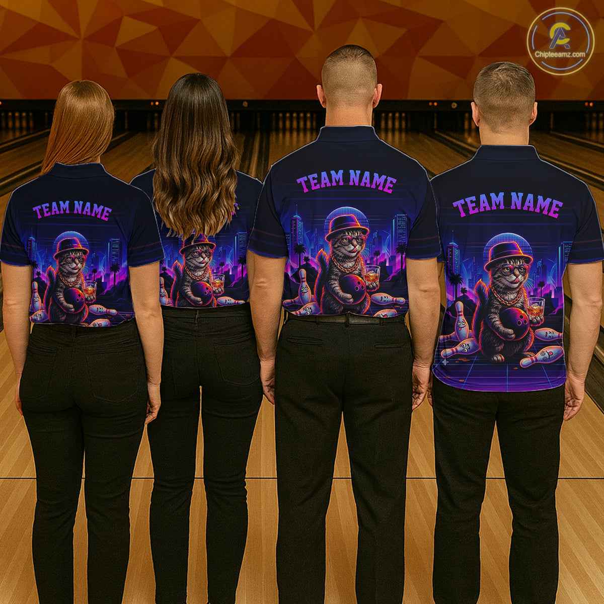 Whisky Cat Funny Bowling Shirts For Women Custom Neon Bowling Polo & Quarter-Zip Jerseys NYN3416