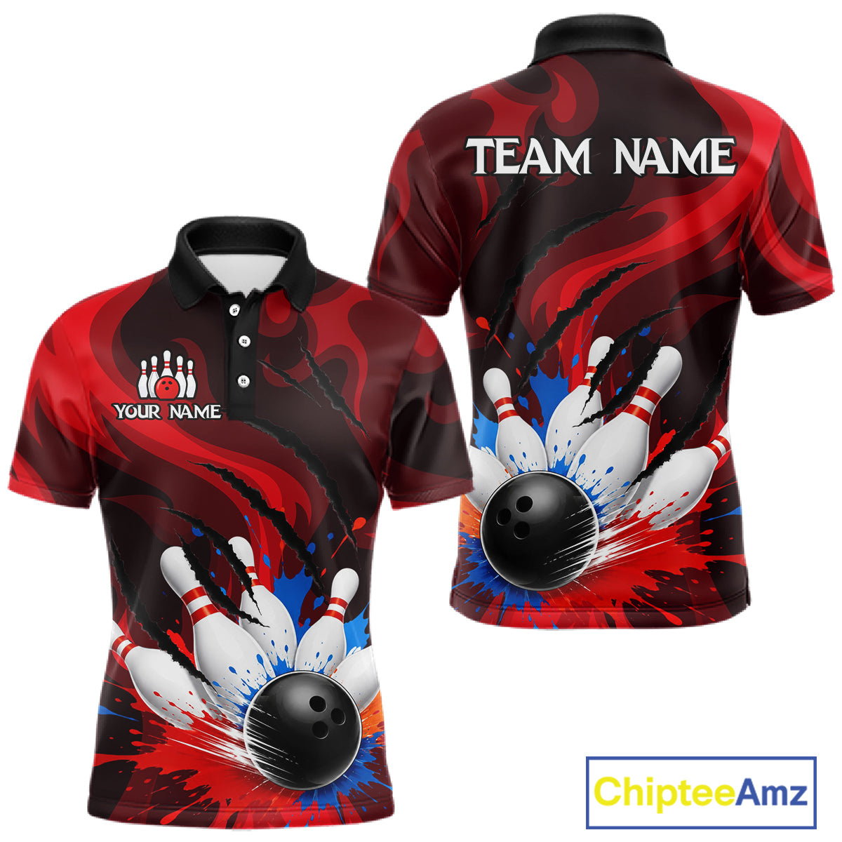 Colorful Splatter Bowling Ball And Pins Shirt For Men Black Red Team Jersey
