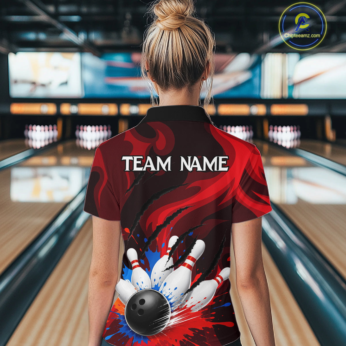 Custom Womens Bowling Colorful Splatter Pin & Ball Shirts, Black & Red Bowling Team Jerseys NYN3420