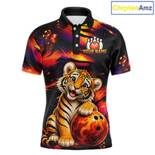 Load image into Gallery viewer, Men's bowling polo featuring fierce tiger with colorful claws and fire flames, personalized bowling tournament apparel for tiger lovers, martial artists, wildlife enthusiasts and competitive bowlers, symbolizing strength, courage, determination and fearless leadership.