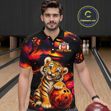 Load image into Gallery viewer, Male bowler wearing tiger fire bowling jersey during USBC championship, premium athletic apparel for wildlife lovers, symbolizing strength, discipline and fearless ambition.