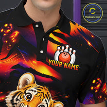 Load image into Gallery viewer, Male bowler wearing tiger fire bowling jersey during USBC championship, premium athletic apparel for wildlife lovers, symbolizing strength, discipline and fearless ambition.