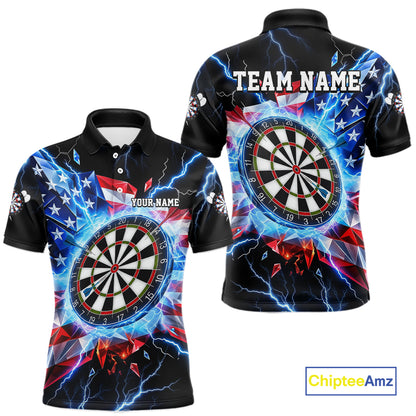 Broken Glass US Flag Darts Polo 1/4-Zip Shirt For Men Custom Blue Lightning Darts Tournament Jersey NYN4742