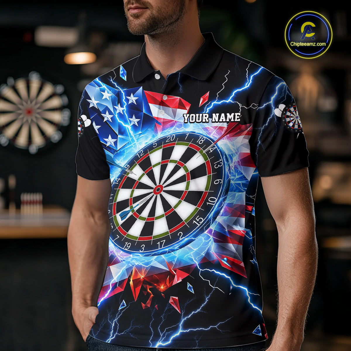 Broken Glass US Flag Darts Polo 1/4-Zip Shirt For Men Custom Blue Lightning Darts Tournament Jersey NYN4742