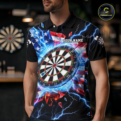 Broken Glass US Flag Darts Polo 1/4-Zip Shirt For Men Custom Blue Lightning Darts Tournament Jersey NYN4742