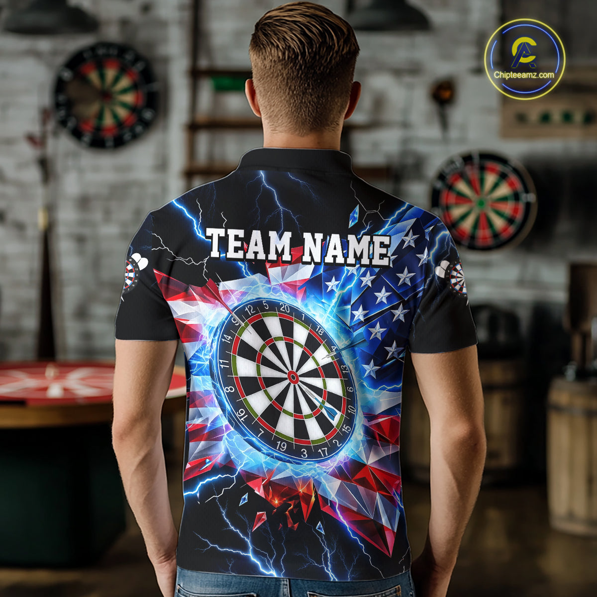 Broken Glass US Flag Darts Polo 1/4-Zip Shirt For Men Custom Blue Lightning Darts Tournament Jersey NYN4742