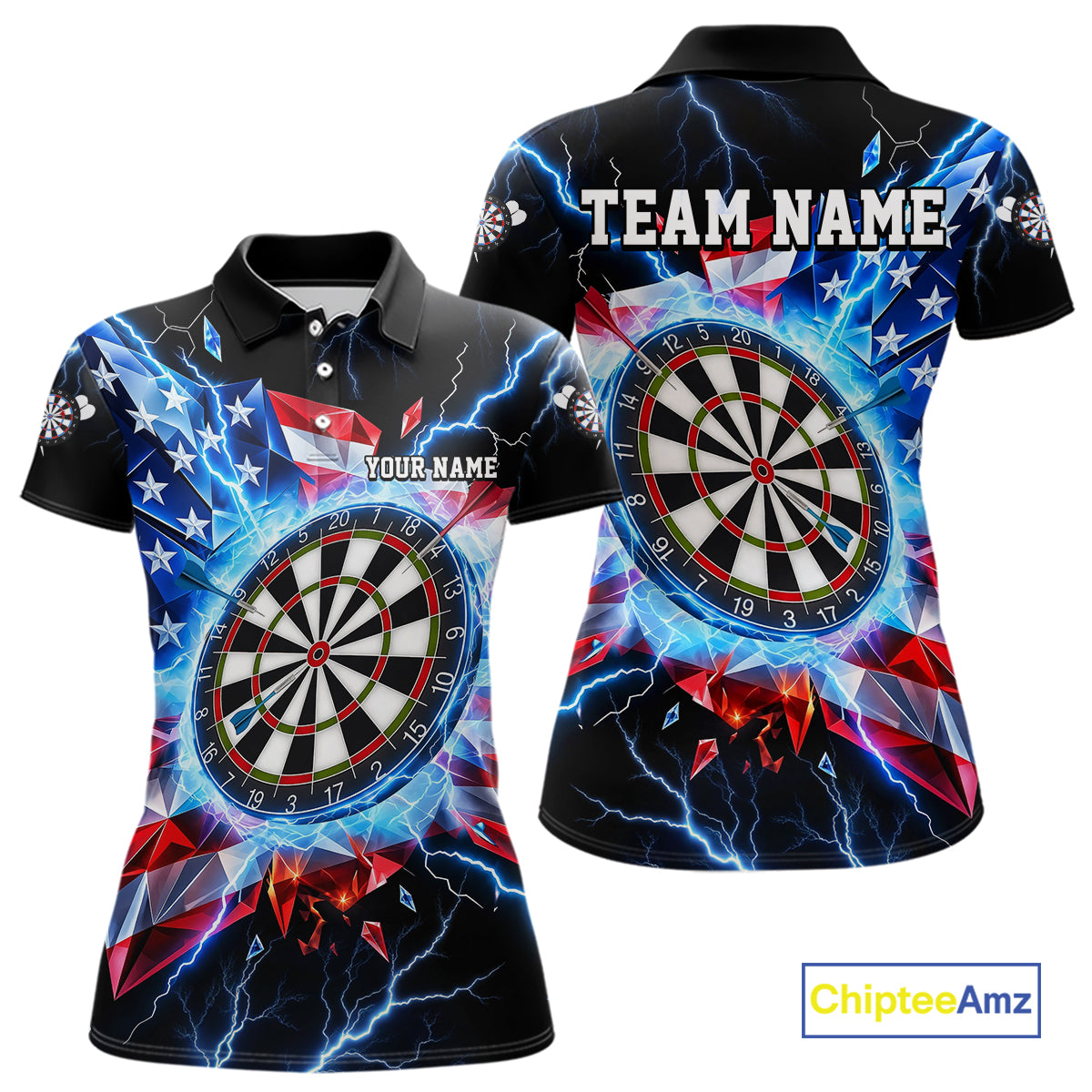 Broken Glass US Flag Darts Polo 1/4-Zip Shirt For Women Custom Blue Lightning Darts Tournament Jersey NYN4742