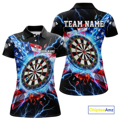 Broken Glass US Flag Darts Polo 1/4-Zip Shirt For Women Custom Blue Lightning Darts Tournament Jersey NYN4742