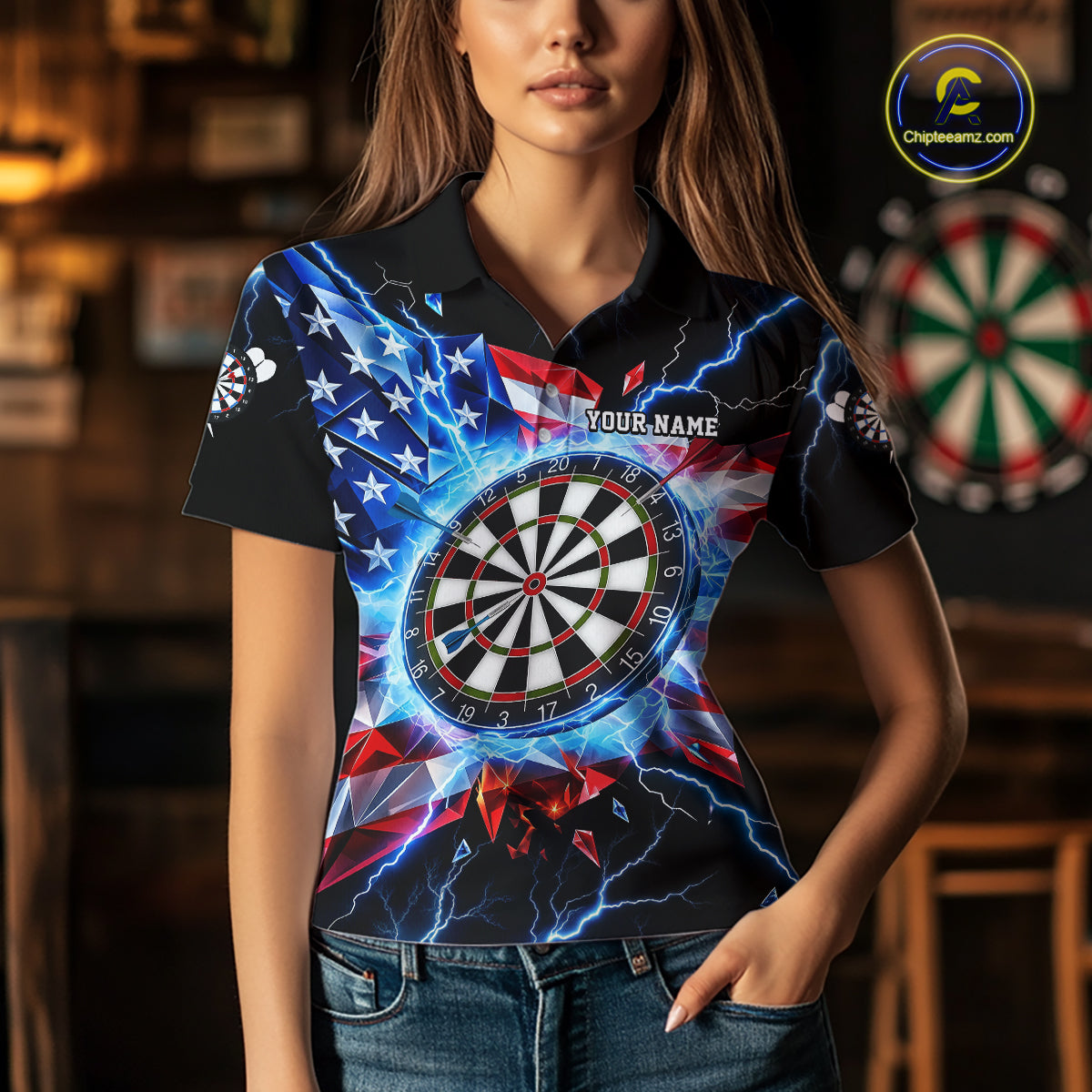 Broken Glass US Flag Darts Polo 1/4-Zip Shirt For Women Custom Blue Lightning Darts Tournament Jersey NYN4742