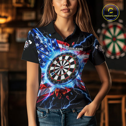 Broken Glass US Flag Darts Polo 1/4-Zip Shirt For Women Custom Blue Lightning Darts Tournament Jersey NYN4742