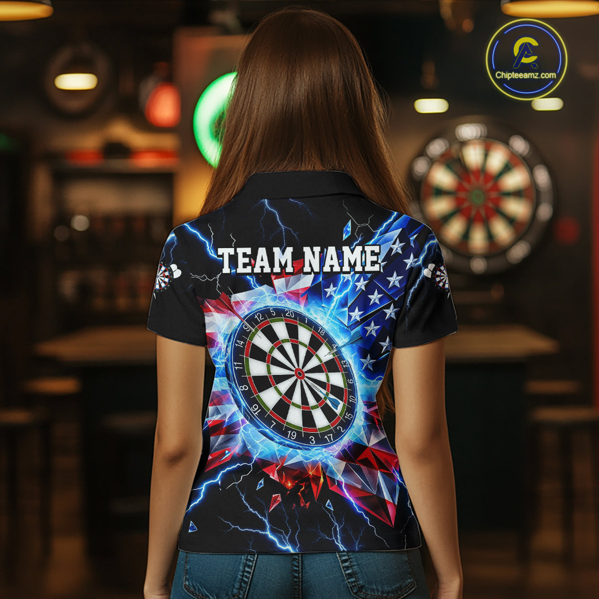 Broken Glass US Flag Darts Polo 1/4-Zip Shirt For Women Custom Blue Lightning Darts Tournament Jersey NYN4742