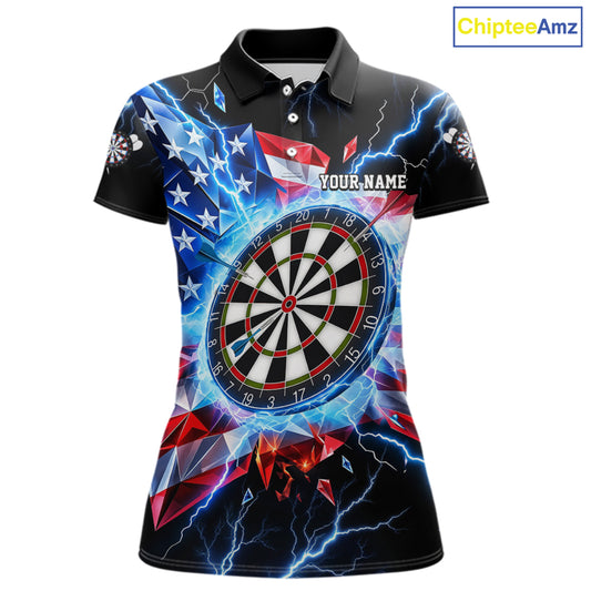 Broken Glass US Flag Darts Polo 1/4-Zip Shirt For Women Custom Blue Lightning Darts Tournament Jersey NYN4742