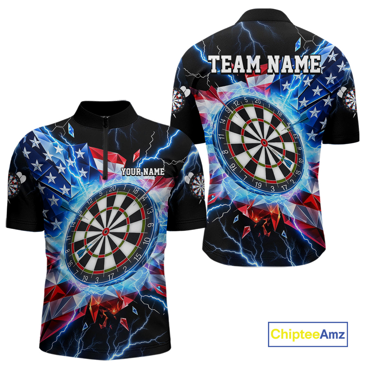 Broken Glass US Flag Darts Polo 1/4-Zip Shirt For Men Custom Blue Lightning Darts Tournament Jersey NYN4742