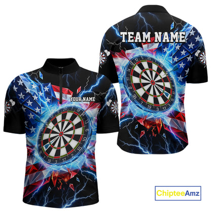 Broken Glass US Flag Darts Polo 1/4-Zip Shirt For Men Custom Blue Lightning Darts Tournament Jersey NYN4742