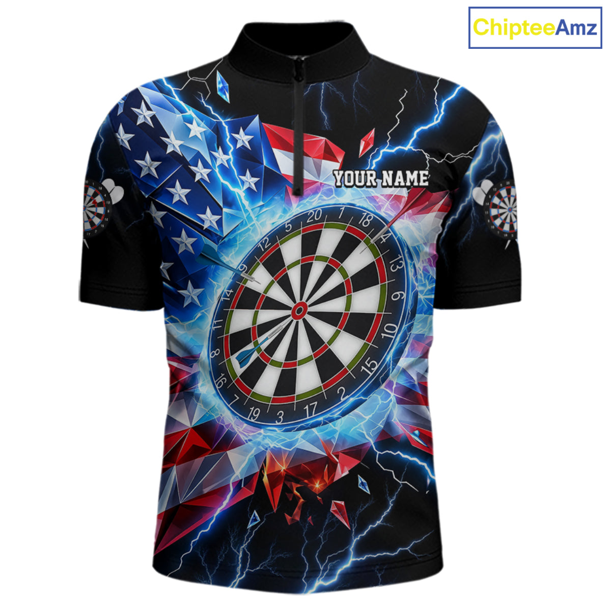 Broken Glass US Flag Darts Polo 1/4-Zip Shirt For Men Custom Blue Lightning Darts Tournament Jersey NYN4742