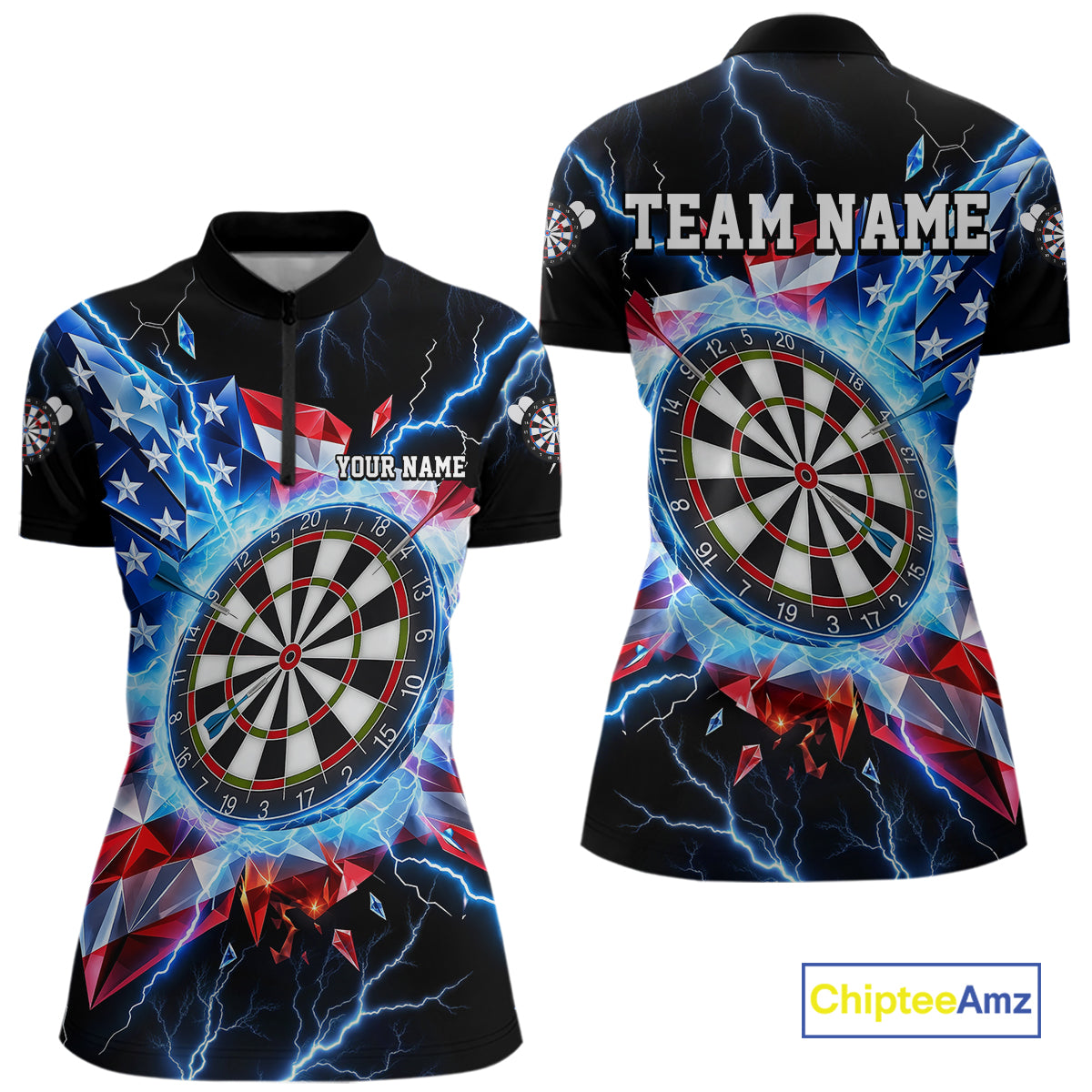 Broken Glass US Flag Darts Polo 1/4-Zip Shirt For Women Custom Blue Lightning Darts Tournament Jersey NYN4742