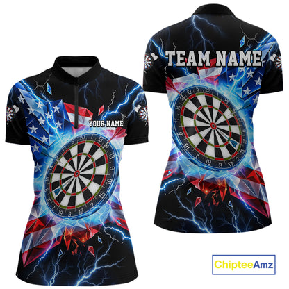 Broken Glass US Flag Darts Polo 1/4-Zip Shirt For Women Custom Blue Lightning Darts Tournament Jersey NYN4742