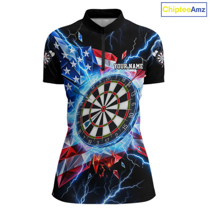 Broken Glass US Flag Darts Polo 1/4-Zip Shirt For Women Custom Blue Lightning Darts Tournament Jersey NYN4742