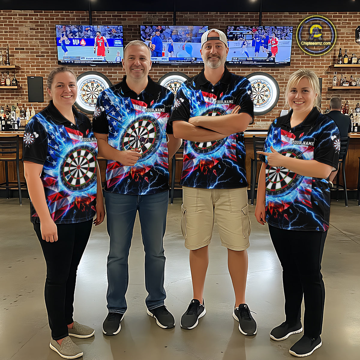Broken Glass US Flag Darts Polo 1/4-Zip Shirt For Men Custom Blue Lightning Darts Tournament Jersey NYN4742