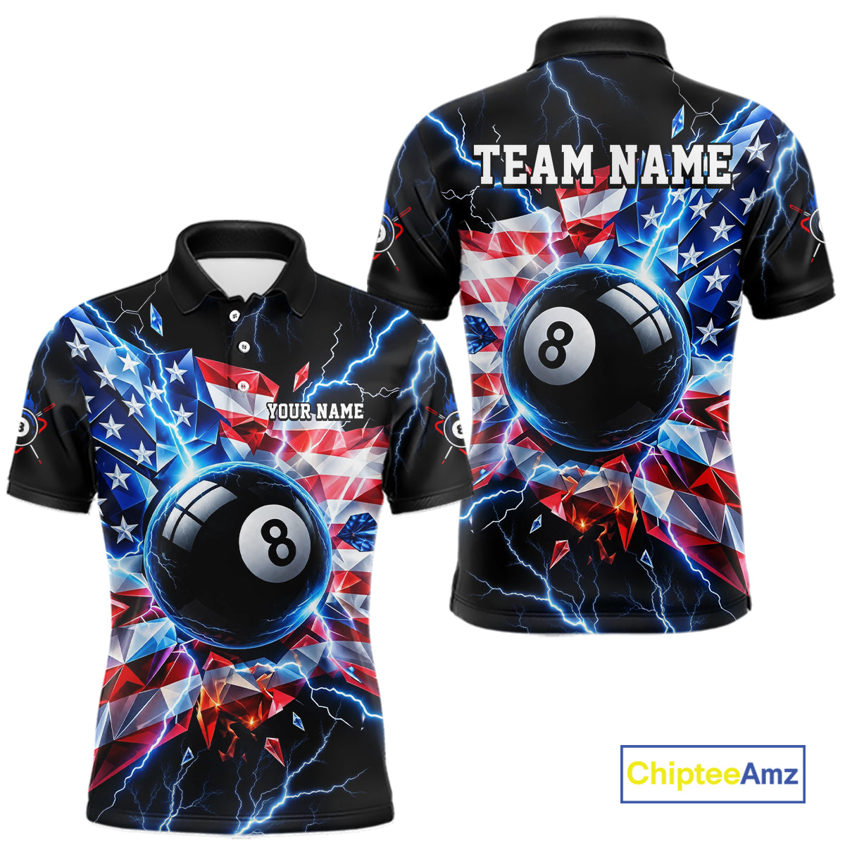 Broken Glass US Flag Billiard Shirt For Men Custom 8 Ball Blue Lightning Billiard Pool Tournament Shirt NYN4743