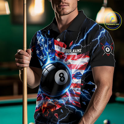 Broken Glass US Flag Billiard Shirt For Men Custom 8 Ball Blue Lightning Billiard Pool Tournament Shirt NYN4743