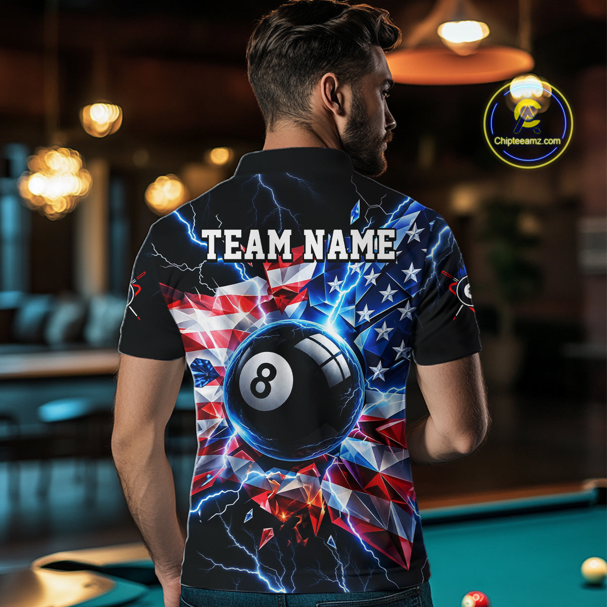 Broken Glass US Flag Billiard Shirt For Men Custom 8 Ball Blue Lightning Billiard Pool Tournament Shirt NYN4743