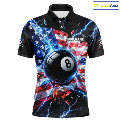 Broken Glass US Flag Billiard Shirt For Men Custom 8 Ball Blue Lightning Billiard Pool Tournament Shirt NYN4743