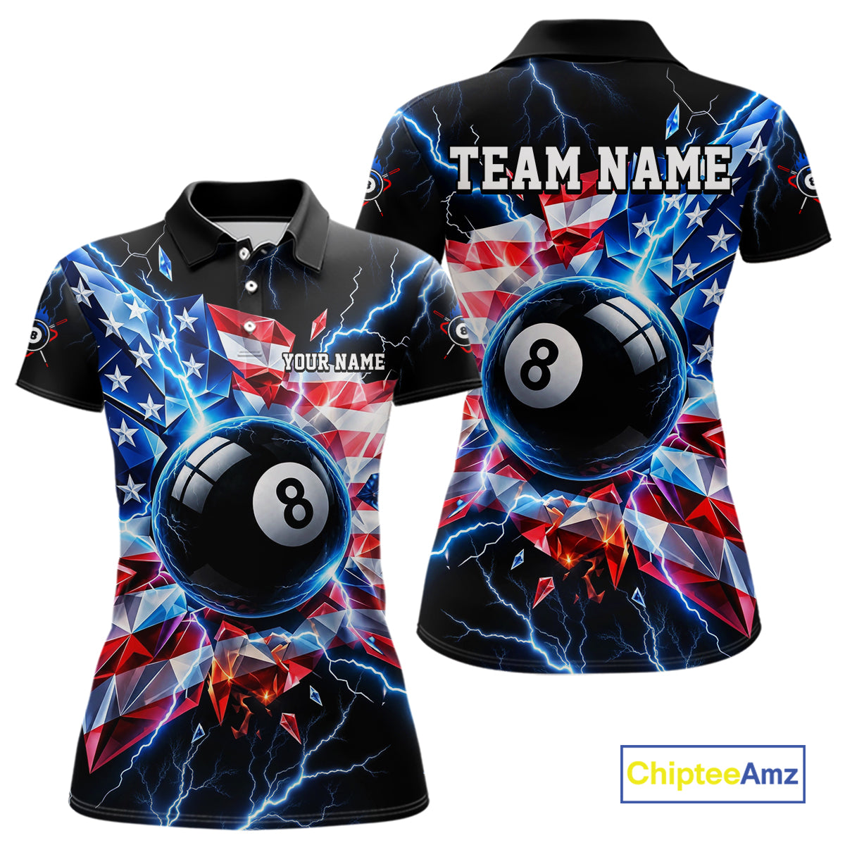 Broken Glass US Flag Billiard Shirt For Women Custom 8 Ball Blue Lightning Billiard Pool Tournament Shirt NYN4743