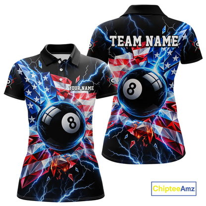 Broken Glass US Flag Billiard Shirt For Women Custom 8 Ball Blue Lightning Billiard Pool Tournament Shirt NYN4743
