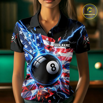 Broken Glass US Flag Billiard Shirt For Women Custom 8 Ball Blue Lightning Billiard Pool Tournament Shirt NYN4743