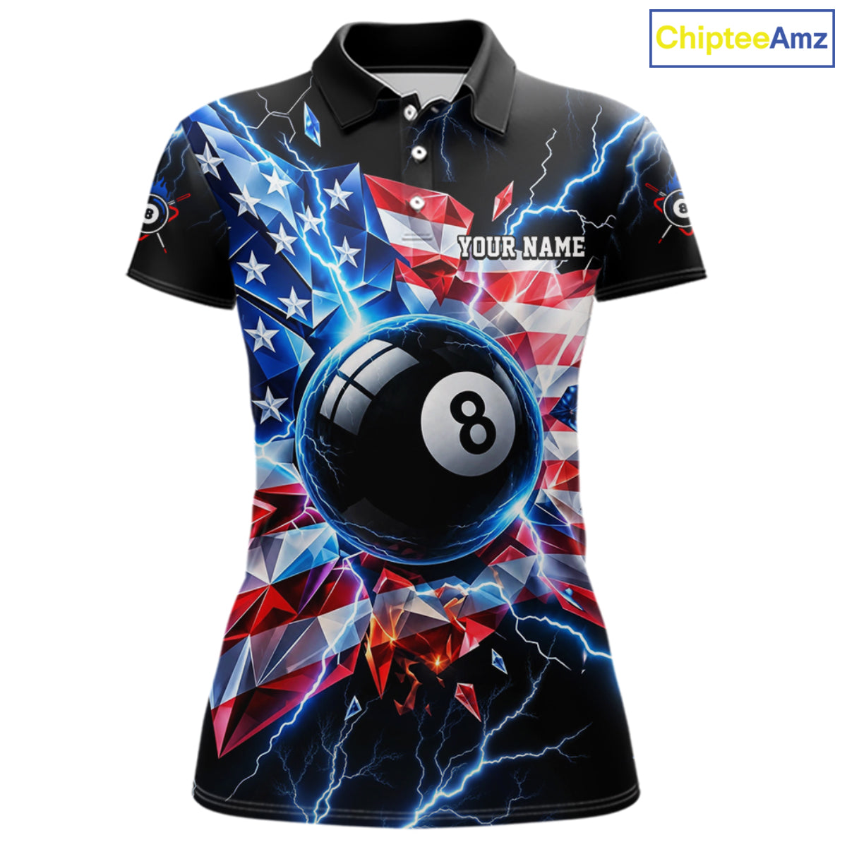 Broken Glass US Flag Billiard Shirt For Women Custom 8 Ball Blue Lightning Billiard Pool Tournament Shirt NYN4743