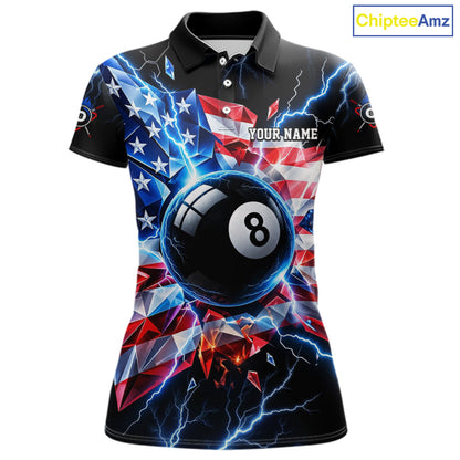 Broken Glass US Flag Billiard Shirt For Women Custom 8 Ball Blue Lightning Billiard Pool Tournament Shirt NYN4743