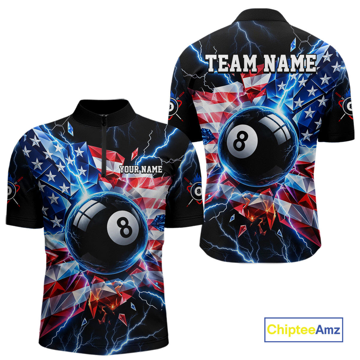 Broken Glass US Flag Billiard Shirt For Men Custom 8 Ball Blue Lightning Billiard Pool Tournament Shirt NYN4743