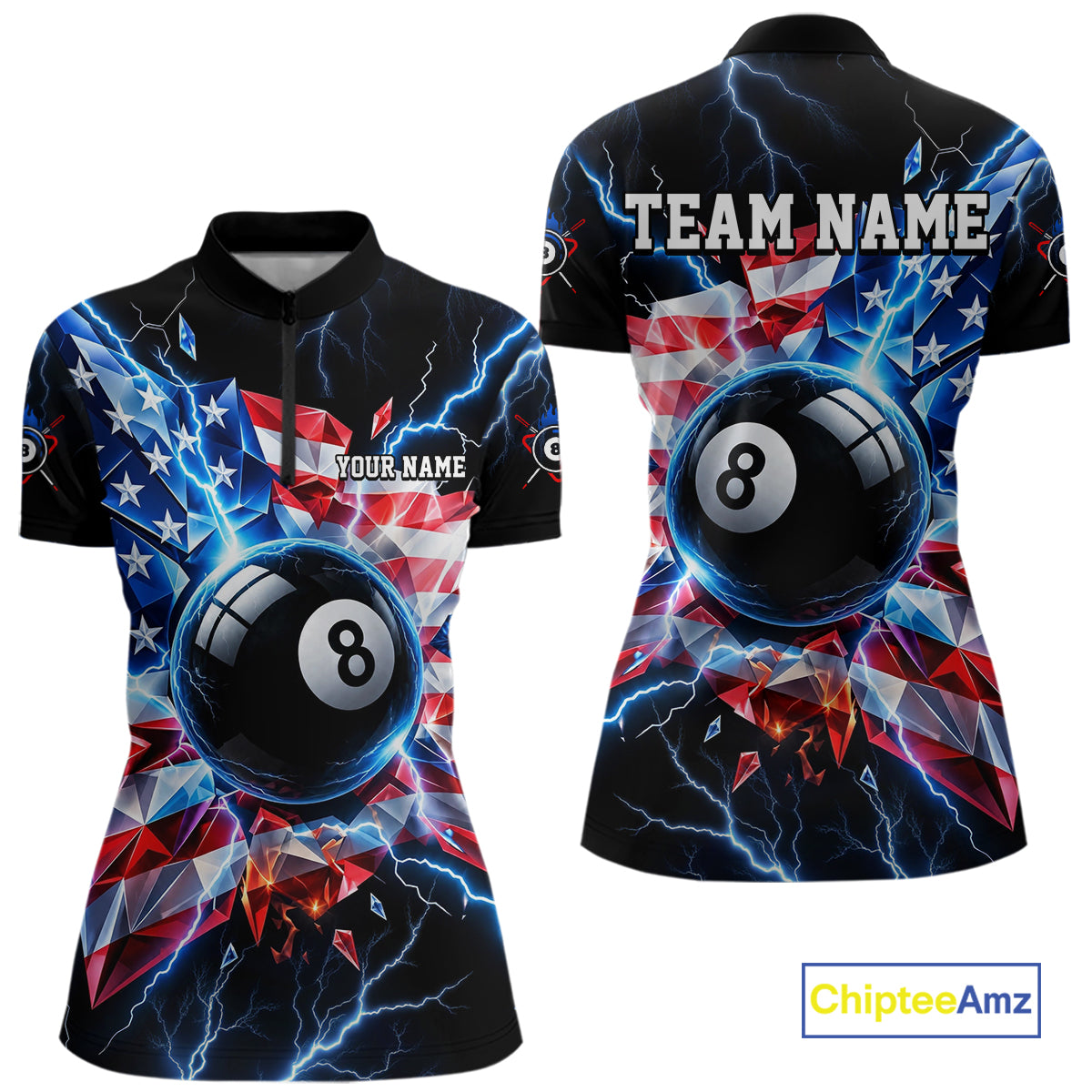 Broken Glass US Flag Billiard Shirt For Women Custom 8 Ball Blue Lightning Billiard Pool Tournament Shirt NYN4743