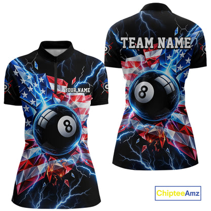 Broken Glass US Flag Billiard Shirt For Women Custom 8 Ball Blue Lightning Billiard Pool Tournament Shirt NYN4743