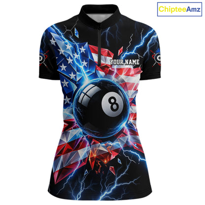 Broken Glass US Flag Billiard Shirt For Women Custom 8 Ball Blue Lightning Billiard Pool Tournament Shirt NYN4743