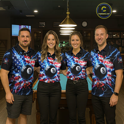 Broken Glass US Flag Billiard Shirt For Men Custom 8 Ball Blue Lightning Billiard Pool Tournament Shirt NYN4743