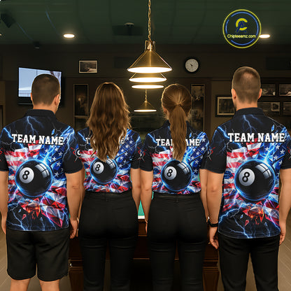 Broken Glass US Flag Billiard Shirt For Men Custom 8 Ball Blue Lightning Billiard Pool Tournament Shirt NYN4743