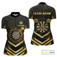 Load image into Gallery viewer, Black And Gold Dartboard Women Dart Polo &amp; 1/4-Zip Shirt Custom Cracked Dart Jersey For Darters NYN3002